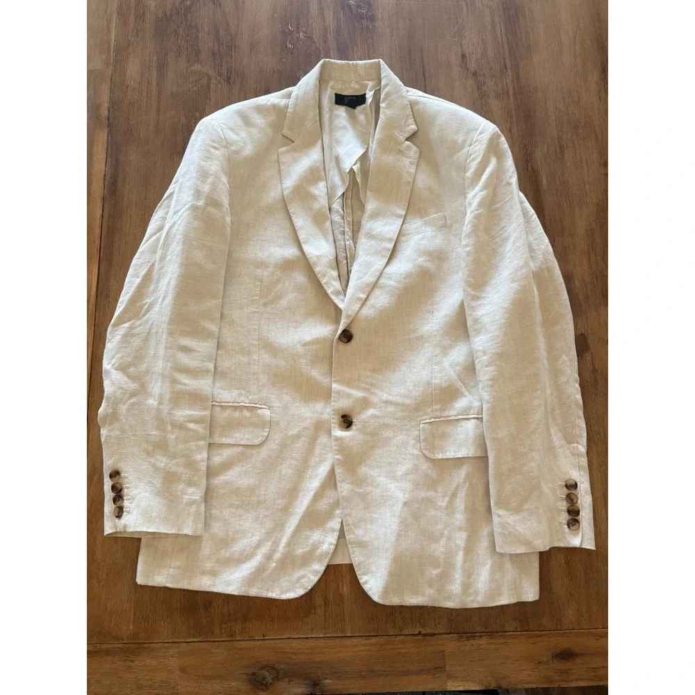CLUB ROOM Sport Coat Mens Large Beige Tan 100% Linen Two-Button Blazer Jacket - Picture 2 of 7
